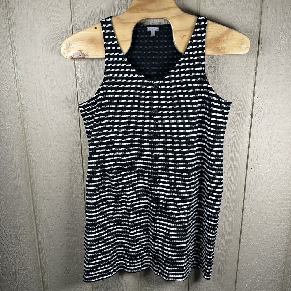 T By Talbots Button Front Vneck Sleeveless Dress XL Black White Striped Stretch